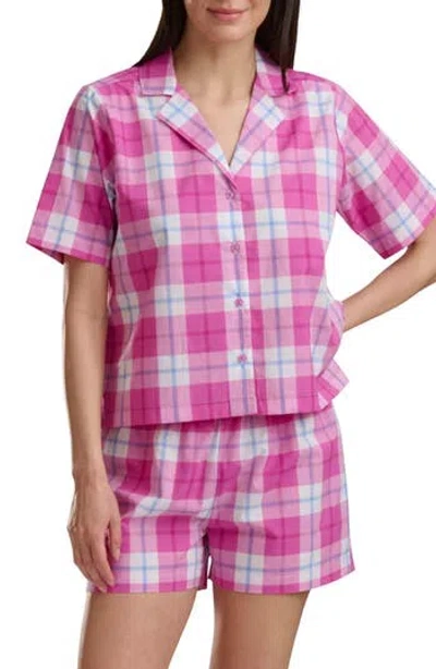 Splendid Plaid Short Sleeve Notch Top And Boxer Pajamas In Pink