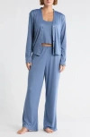 Splendid Pointelle Cardigan, Tank & Pants Pajamas In Blue