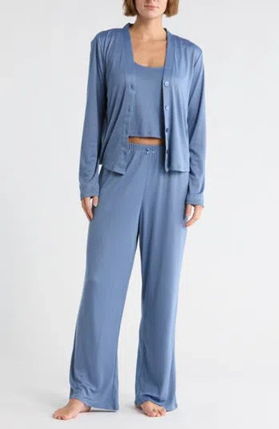 Splendid Pointelle Cardigan, Tank & Pants Pajamas In Blue