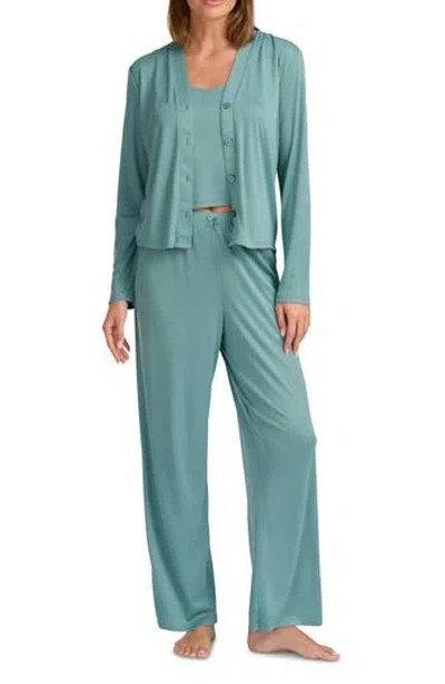 Splendid Pointelle Cardigan, Tank & Pants Pajamas In Green
