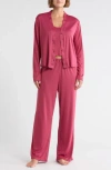 Splendid Pointelle Cardigan, Tank & Pants Pajamas In Pink