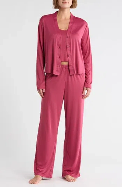 Splendid Pointelle Cardigan, Tank & Pants Pajamas In Pink
