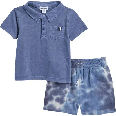 Splendid Babies'  Ripple Polo & Tie Dye Sweat Shorts Set In Blue Tie Dye
