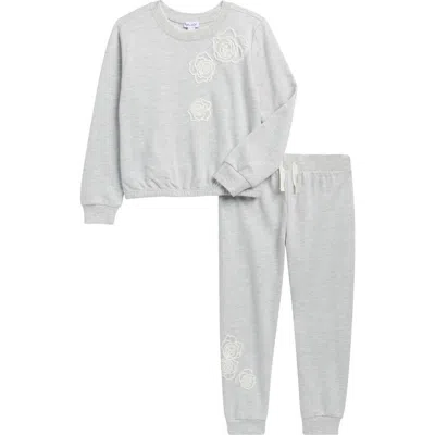 Splendid Kids'  Rose Embroidered Sweatshirt & Joggers Set In Light Heather Grey
