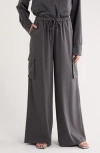Splendid Satin Drawstring Wide Leg Cargo Pants In Gray