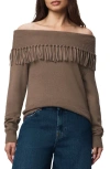 Splendid Simone Fringe Off The Shoulder Sweater In Brown