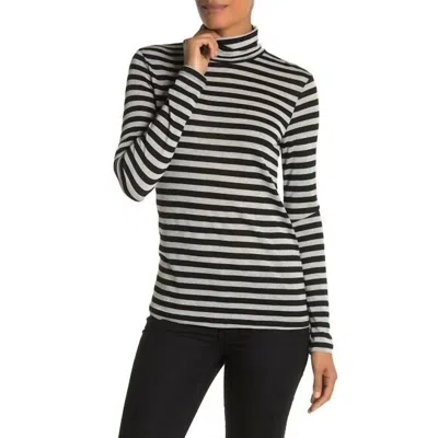 Splendid Striped Light Sheer Knit Turtleneck Long Sleeve Top In Metallic Silver Stripes In Black
