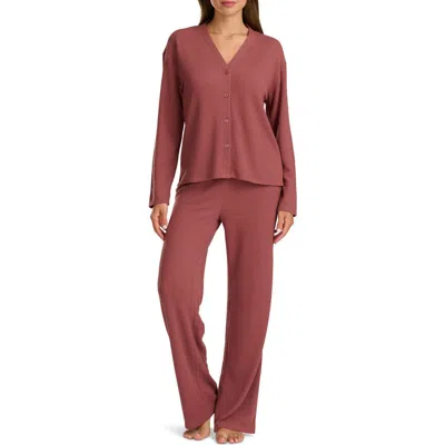 Splendid Waffle Stitch Long Pajamas In Brown