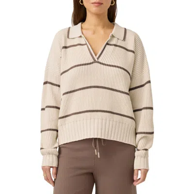 Splendid X @cellajaneblog Stripe Cotton Blend Polo Sweater In Pearl/hazelnut