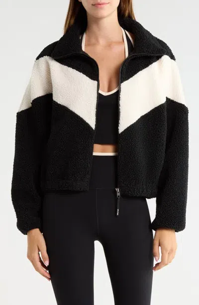 Splits59 Lottie Chevron High Pile Fleece Full Zip Jacket In Black/creme