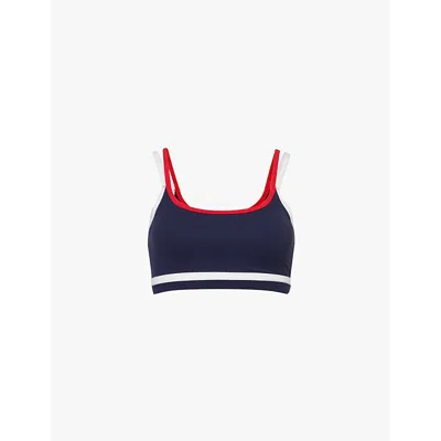 SPLITS59 WOMENS INDIGO WHITE EVA RIGOR DOUBLE STRAP STRETCH-WOVEN SPORTS BRA