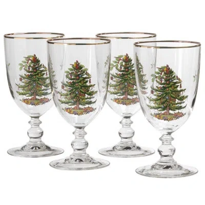 Spode 16 oz Pedestal Goblets, Set Of 4 In Clear,red,green,gold