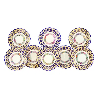 Pre-owned Spode 8  Aesthetic Movement Hand Painted Blue & Ivory Floral Dessert Plates In White