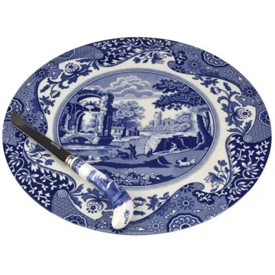 Spode Blue Italian 2pc Cheese Plate W Knife