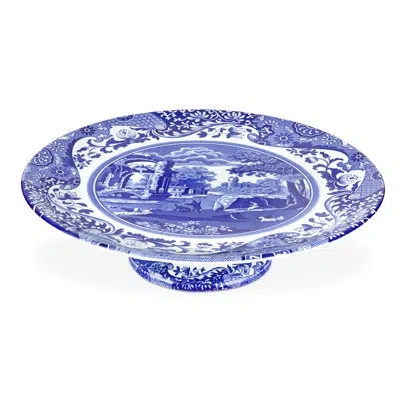 Spode Blue Italian Footed Cake Plate 10.5" In White;royal Blue