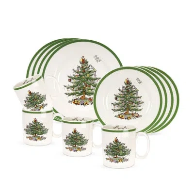 Spode Christmas Tree 12-piece Dinnerware Set With Plates & Mugs, Service For 4 In White;green
