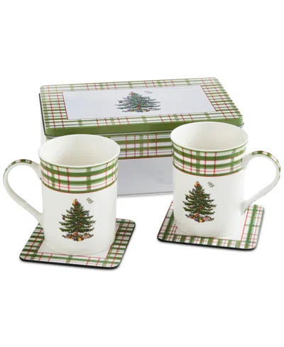 Spode Christmas Tree Annual 5-piece Mug & Tin Coaster Set In White