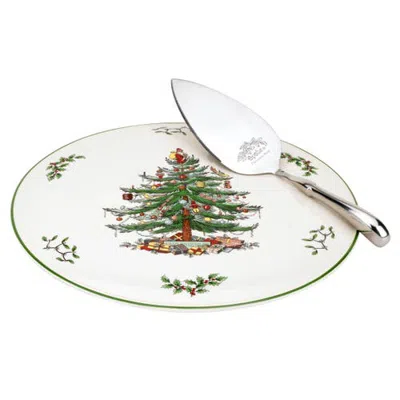 Spode Christmas Tree Cake Plate & Server Set 11.5" In Green