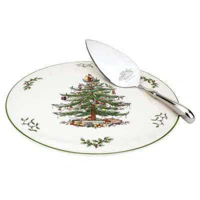 Spode Christmas Tree Cake Plate & Server Set 11.5" In White;green