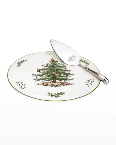 Spode Christmas Tree Cake Plate & Server Set In Brown