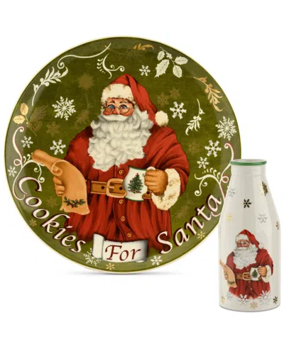 Spode Christmas Tree 2pc Cookies For Santa Plate & Bottle In Green