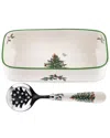 Spode Christmas Tree Cranberry Server With Slotted Spoon In Green