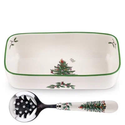 Spode Christmas Tree Cranberry Server With Slotted Spoon In Green