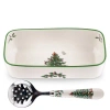 Spode Christmas Tree Cranberry Server With Slotted Spoon In White