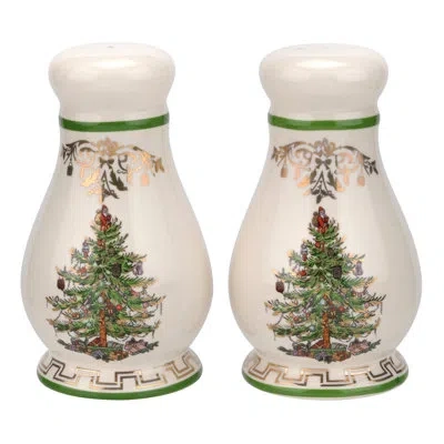 Spode Christmas Tree Gold Salt/pepper Shakers 4" In White;green