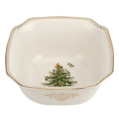 Spode Christmas Tree Gold Square Bowl 10" In Green