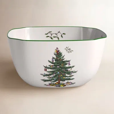 Spode Christmas Tree Large Square Bowl 10" In White;green