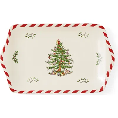 Spode Christmas Tree Peppermint Dessert Tray 12" In Red