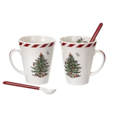 Spode Christmas Tree Peppermnt Mug W Spoon 14oz In White;green