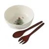 Spode Christmas Tree Polka Dot 10 Serving Bowl & Wooden Servers In Green