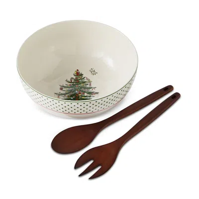 Spode Christmas Tree Polka Dot 10 Serving Bowl & Wooden Servers In Green