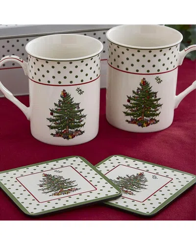 Spode Christmas Tree Polka Dot 4pc Mug & Coaster Set In White