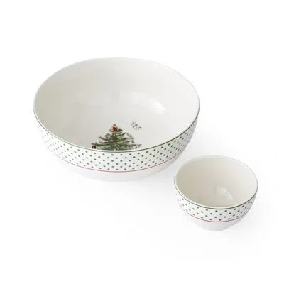 Spode Christmas Tree Polka Dot Chip And Dip 10" In White