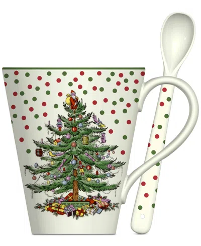Spode Christmas Tree Polka Dot Mug & Spoon Set In Green
