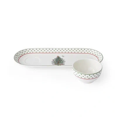 Spode Christmas Tree Polka Dot Oval Chip N Dip 13" In White