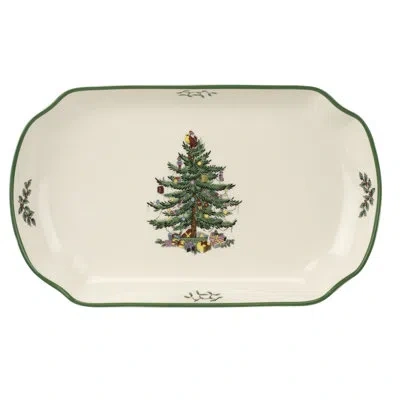 Spode Christmas Tree Rect Scalloped Tray 11" In Green;white