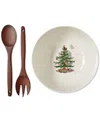 Spode Christmas Tree Serving Bowl & Wooden Servers In Green