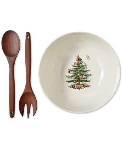 Spode Christmas Tree Serving Bowl & Wooden Servers In Green