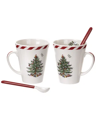Spode Christmas Tree Set Of 2 Mugs With Spoons In Multi