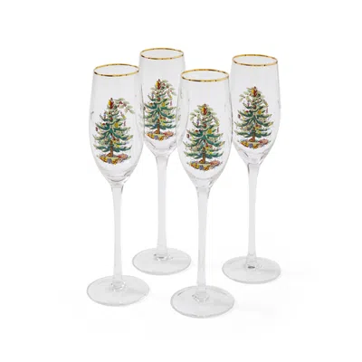 Spode Christmas Tree Set Of 4 Champagne Fluted Glasses In Clear