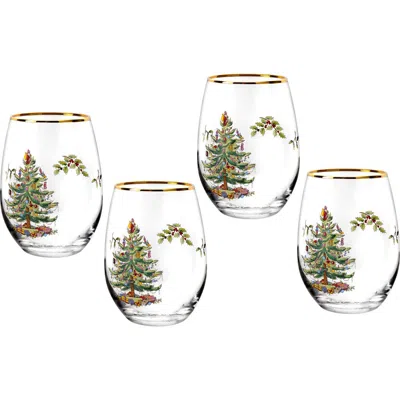 Spode Christmas Tree Set Of 4 Stemless Wine Glasses 19oz In Green