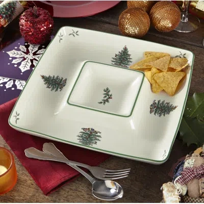 Spode Christmas Tree Sq Chip And Dip 12.5" In White;green