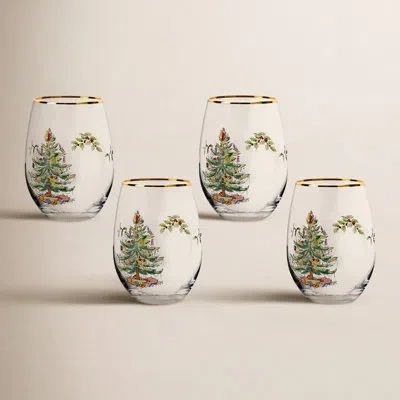 Spode Christmas Tree Stemless Wine Glasses 19oz In Green
