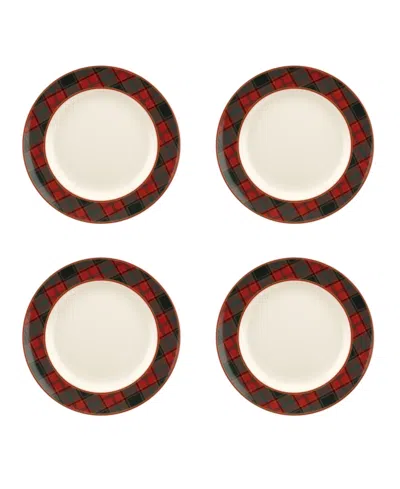 Spode Christmas Tree Tartan Dinner Plate, Set Of 4 In White Body With Multi Color Patterned De