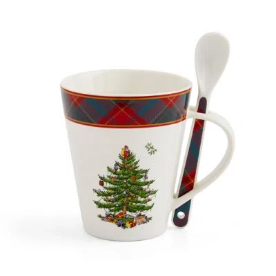 Spode Christmas Tree Tartan Mug & Spoon Set 14oz In Red