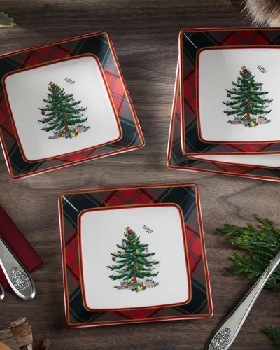 Spode Christmas Tree Tartan Square Tidbit Plates, Set Of 4 In Multi